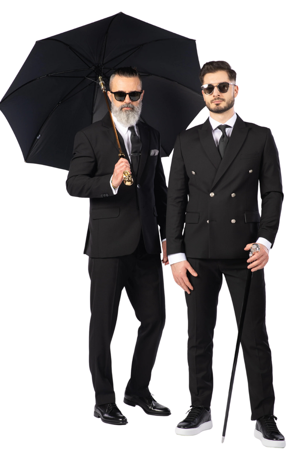 Costum Bărbați Negru Texturat la Două Rânduri de Nasturi Aurii