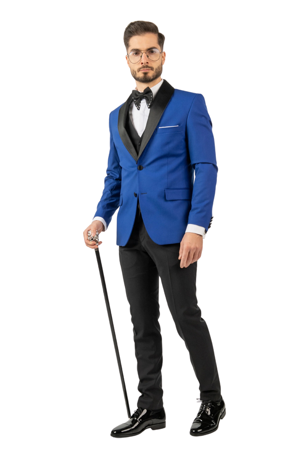Costum Bărbați Albastru de Ceremonie cu Rever Detașabil Negru în Trei Piese
