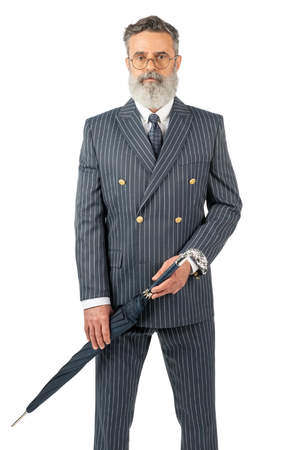 Costum Bărbați Bleumarin-Antracit cu Dungi Albe la Două Rânduri de Nasturi