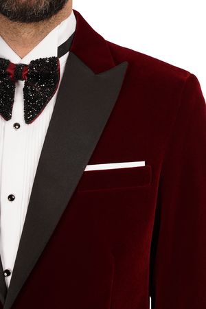 Smoking cu Sacou din Catifea Bordo și Pantaloni Negri 6AM312
