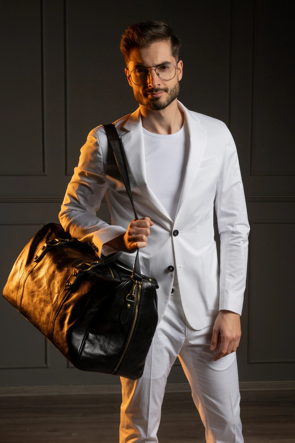 Costum Bărbați Alb din Bumbac cu Sacou la Un Rând de Nasturi