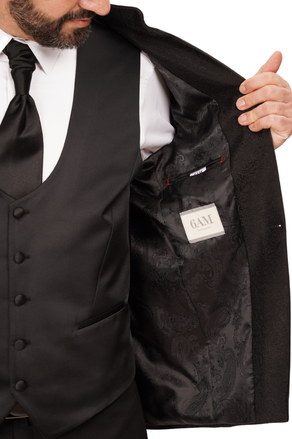 Smoking Negru cu Guler Tunică din 3 Piese 6AM612