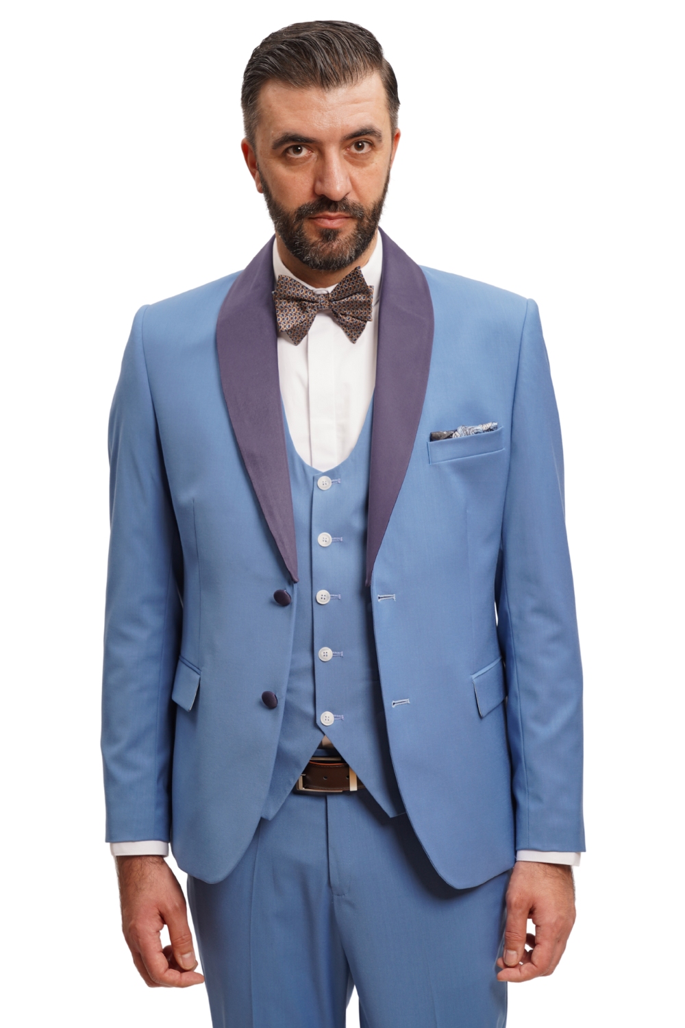 Costum Bărbați Albastru cu Rever Detașabil din Lână în Trei Piese