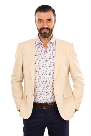 Cămașă Bărbați Albă cu Imprimeu Frunze Albastre – 95% Bumbac