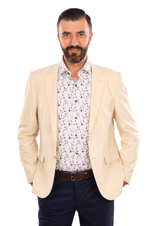 Cămașă Bărbați Albă cu Imprimeu Frunze Albastre – 95% Bumbac