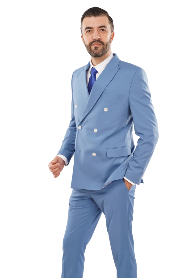 Costum Bărbați Albastru la Două Rânduri de Nasturi din Lână