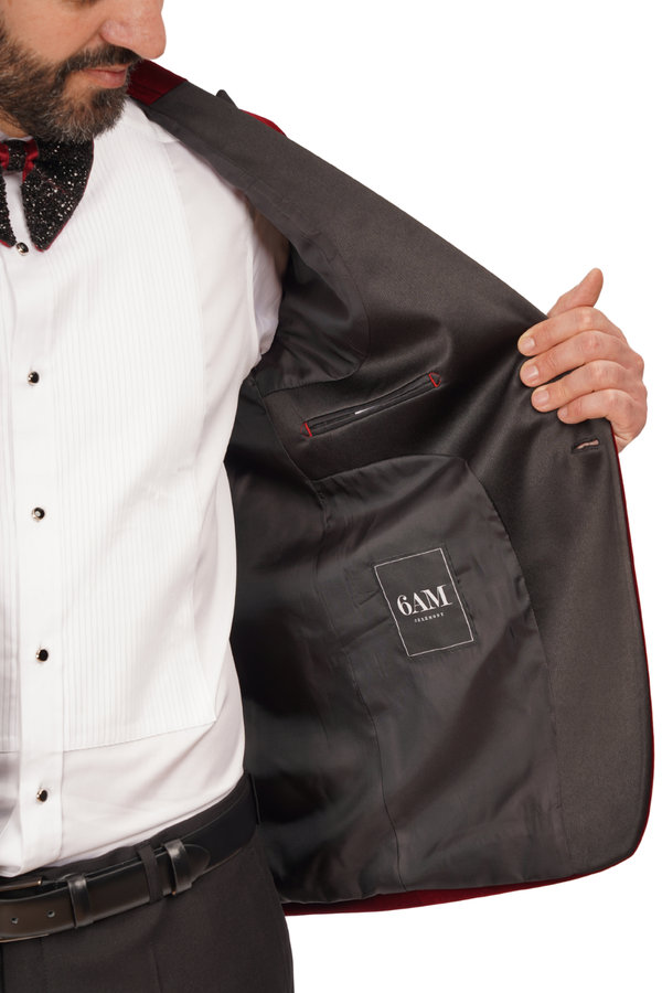 Smoking cu Sacou din Catifea Bordo și Pantaloni Negri 6AM312