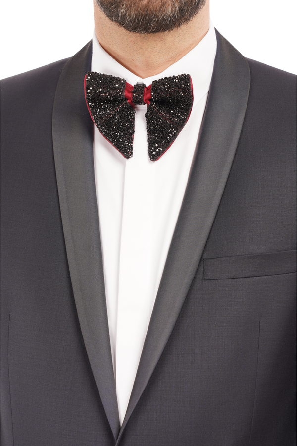 Smoking din Lână Premium Extrafină cu Rever Satinat - Bleumarin 6AM1009342