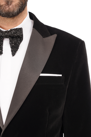 Smoking cu Sacou din Catifea Neagră și Pantaloni Negri 6AM309