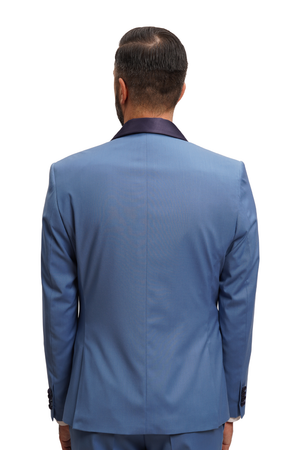 Costum Bărbați Albastru cu Rever Detașabil din Lână în Trei Piese