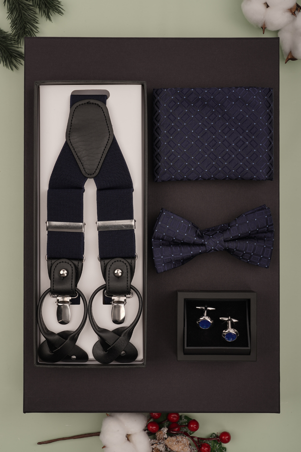 Cutie Cadou Bărbați Papion, Batistă, Butoni și Bretele 6AM5008