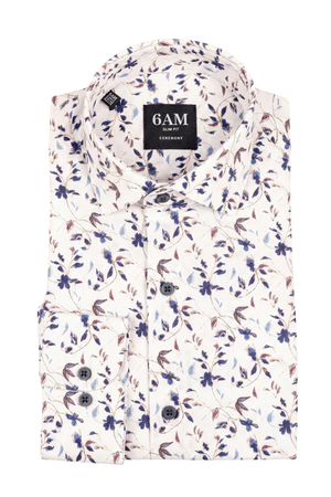 Cămașă Bărbați Albă cu Imprimeu Frunze Albastre – 95% Bumbac