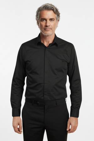 Cămașă Bărbați Neagră din Bumbac cu Nasturi Acoperiți