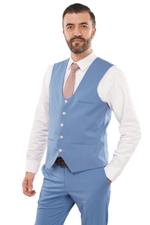 Costum Bărbați Albastru la Două Rânduri de Nasturi din Lână