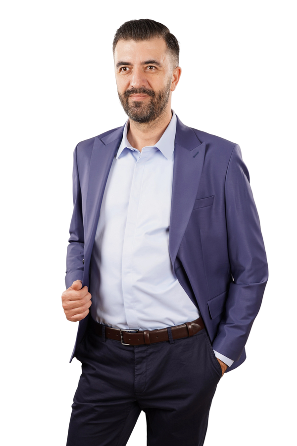 Cămașă Bărbați Albastră din Bumbac cu Nasturi Acoperiți Slim Fit