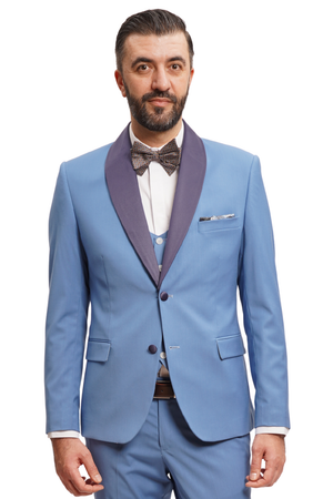 Costum Bărbați Albastru cu Rever Detașabil din Lână în Trei Piese