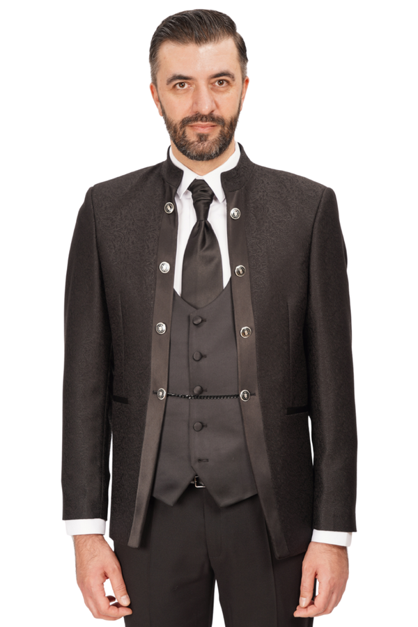 Smoking Negru cu Guler Tunică din 3 Piese 6AM612