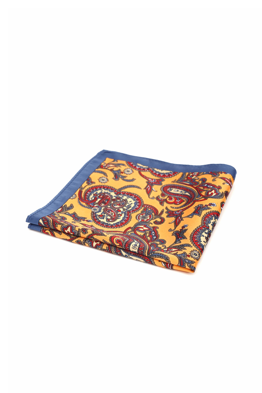 Batistă de buzunar galbenă cu imprimeu paisley multicolor și margine albastră