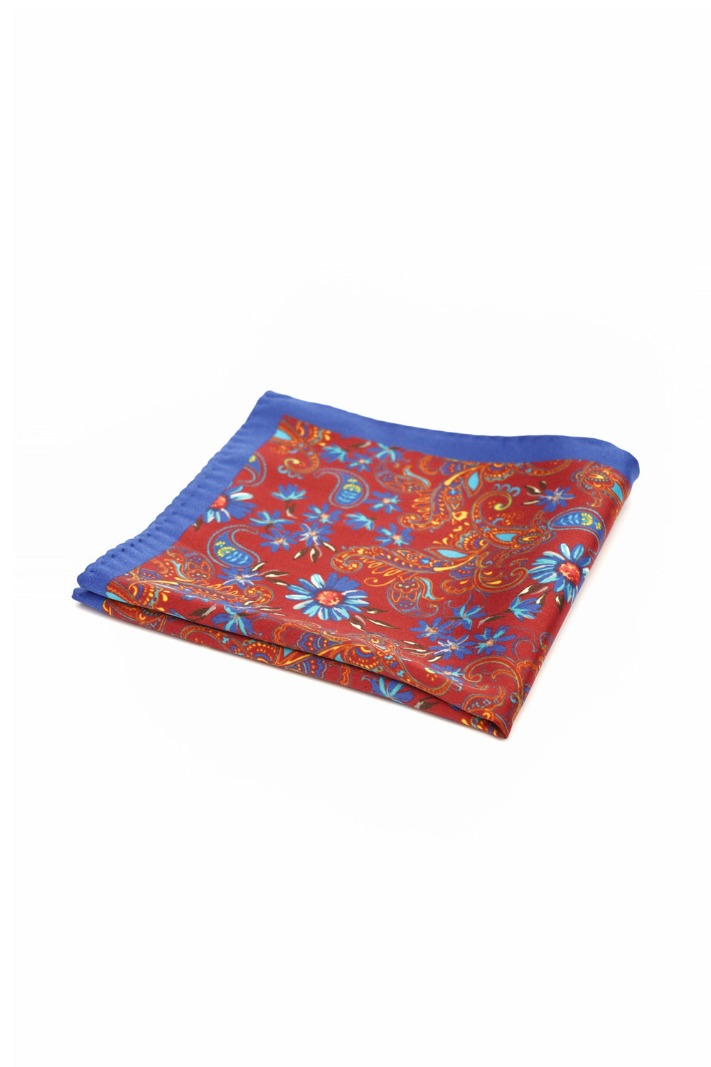 Batistă de buzunar roșie cu imprimeu floral și paisley multicolor, margine albastră