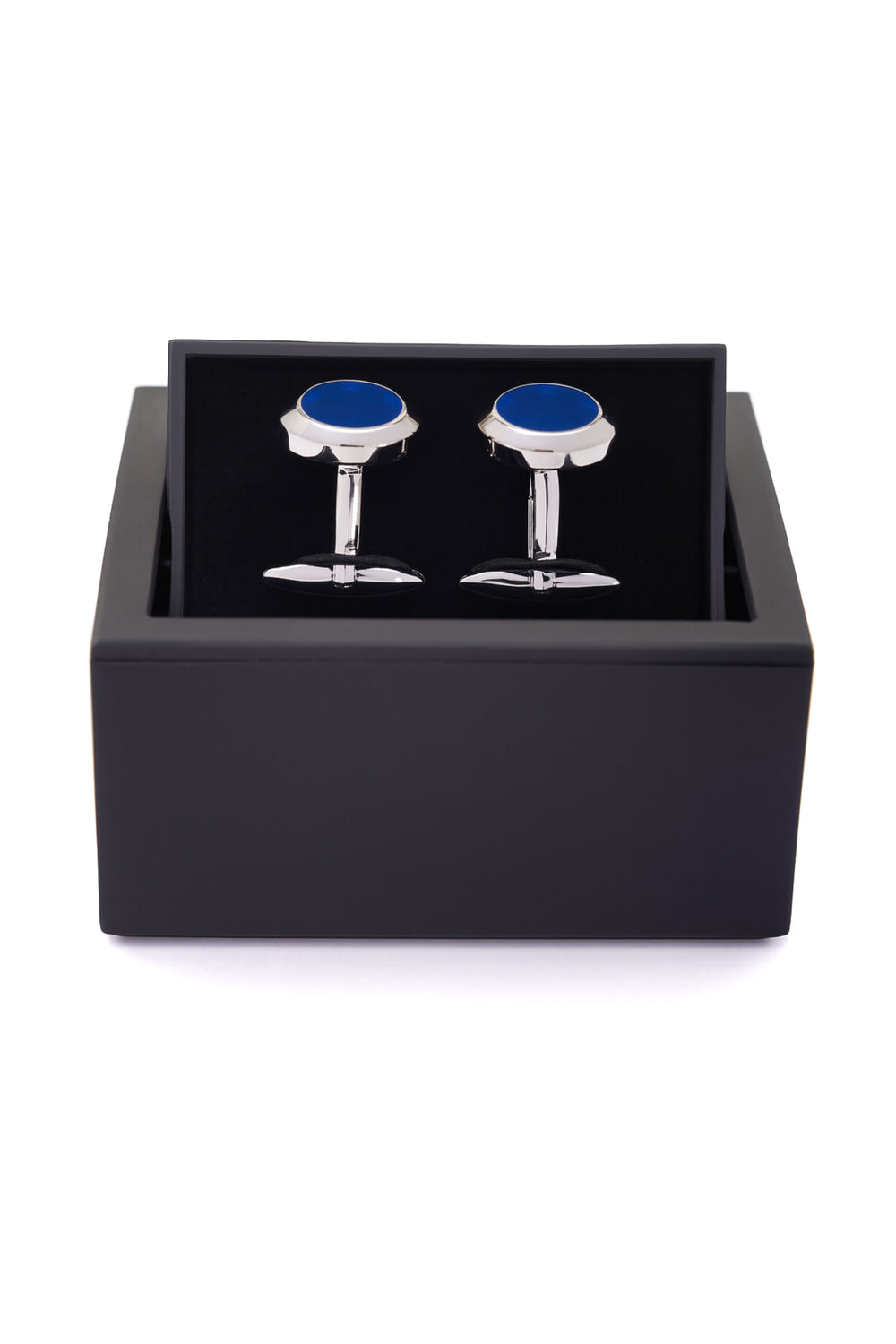 Butoni rotunzi argintii cu inserție albastră decorativă