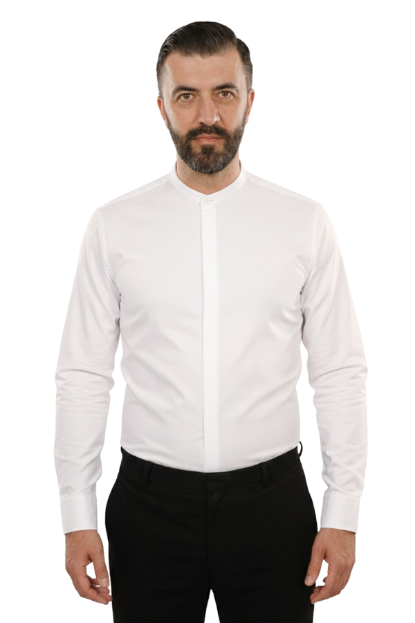 Cămașă Bărbați Albă cu Guler Tunică – 97% Bumbac