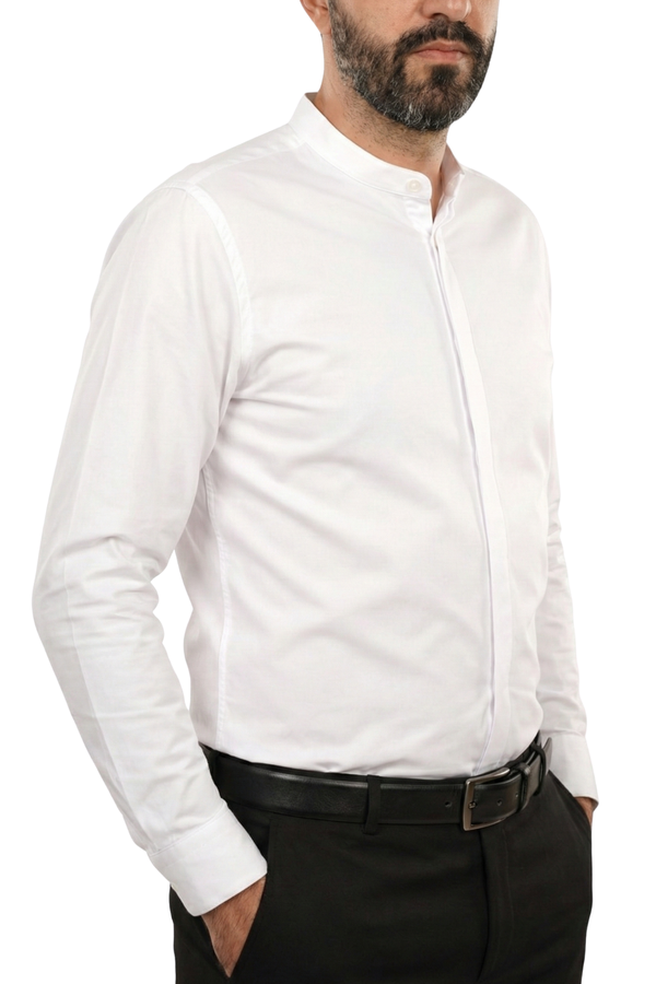 Cămașă Bărbați Albă cu Guler Tunică – 97% Bumbac