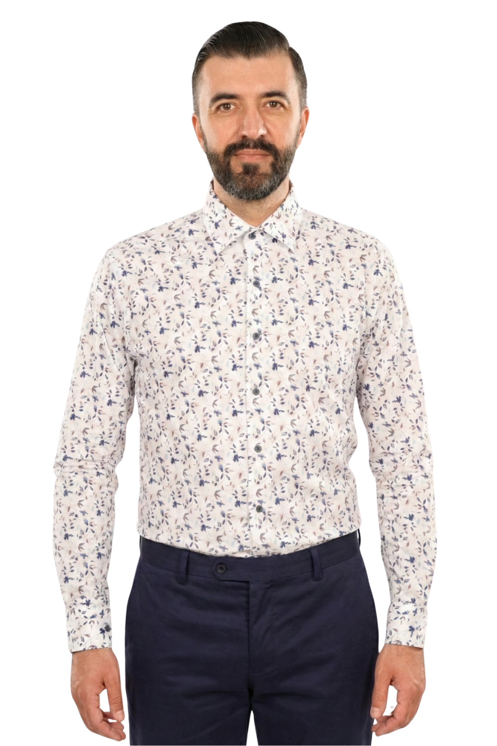 Cămașă Bărbați Albă cu Imprimeu Frunze Albastre – 95% Bumbac