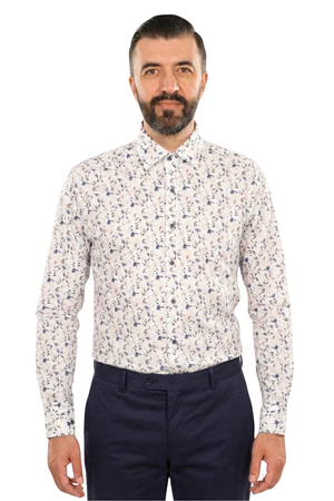 Cămașă Bărbați Albă cu Imprimeu Frunze Albastre – 95% Bumbac