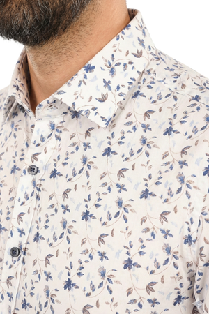 Cămașă Bărbați Albă cu Imprimeu Frunze Albastre – 95% Bumbac