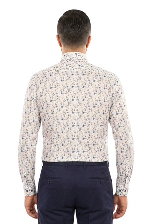 Cămașă Bărbați Albă cu Imprimeu Frunze Albastre – 95% Bumbac