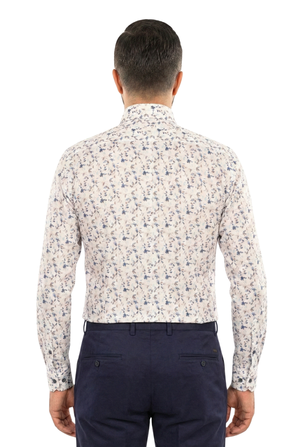 Cămașă Bărbați Albă cu Imprimeu Frunze Albastre – 95% Bumbac