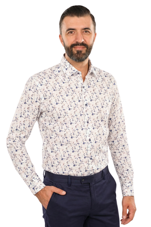 Cămașă Bărbați Albă cu Imprimeu Frunze Albastre – 95% Bumbac