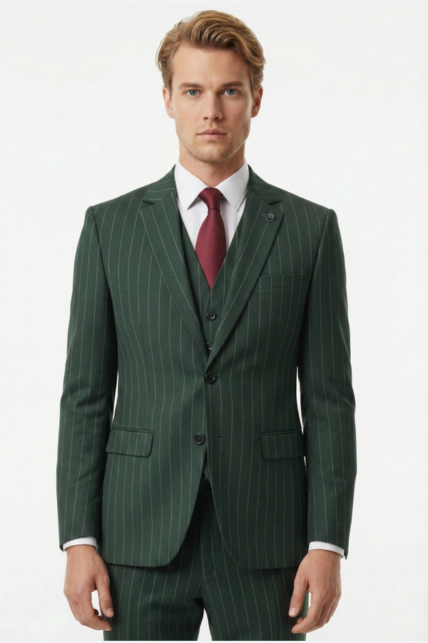 Costum Clasic din Lână în Trei Piese - Verde cu Dungi 6AM306D