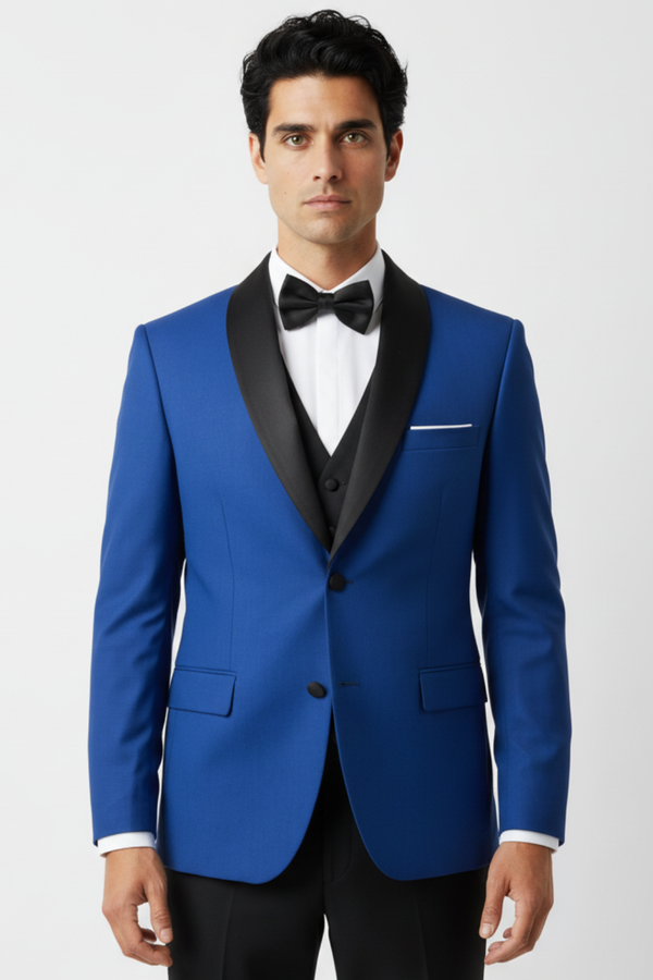 Costum de Ceremonie cu Rever Detașabil în Trei Piese - Albastru 6AM124