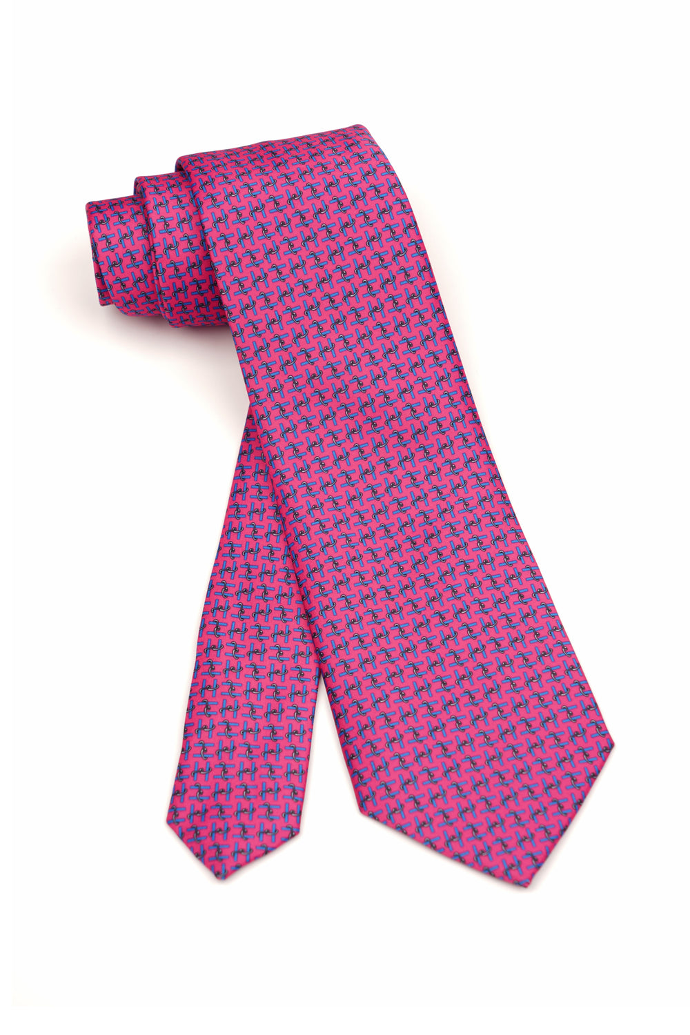 Cravată fucsia clasică cu model geometric albastru