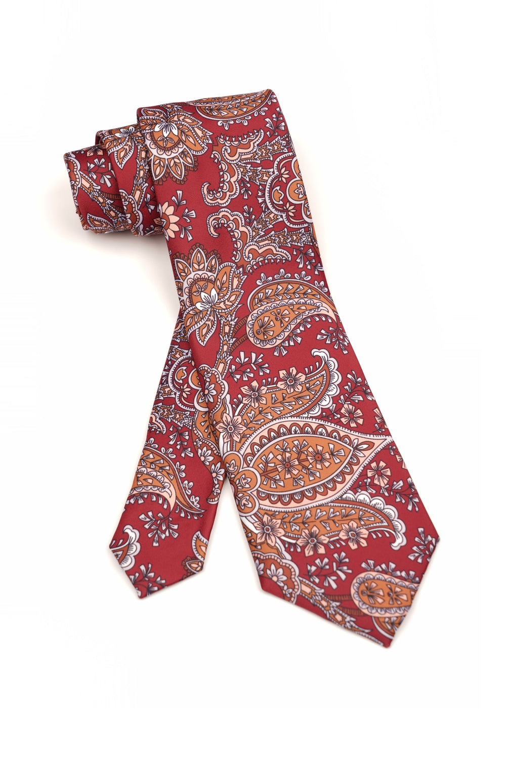 Cravată clasică burgundy cu imprimeu paisley portocaliu