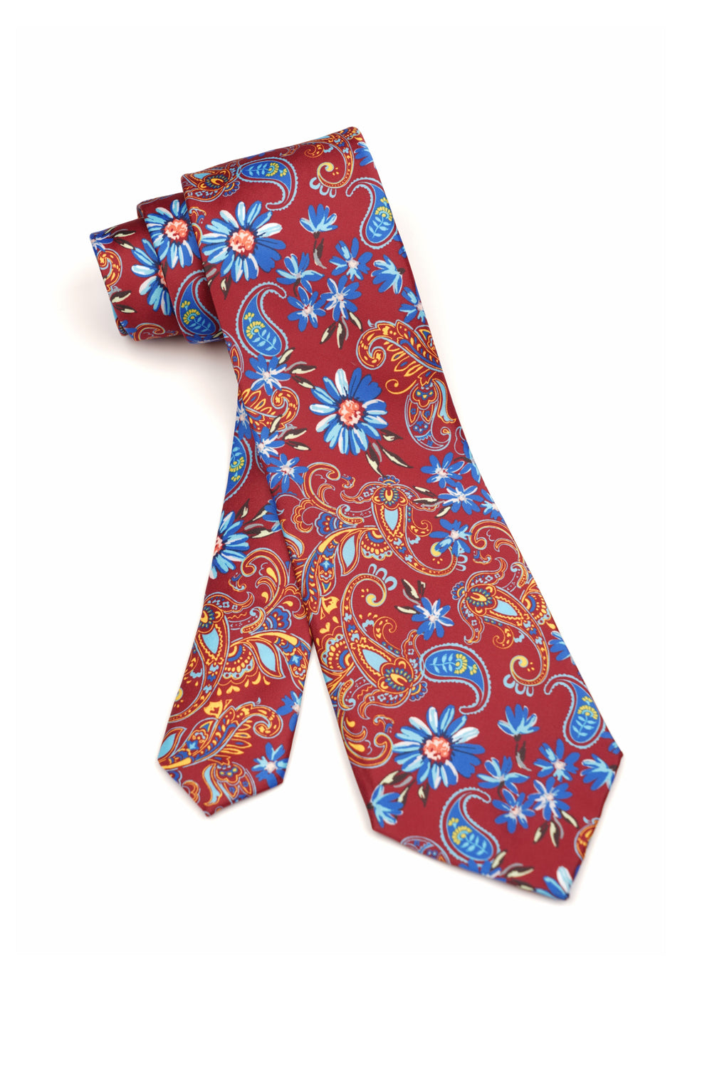Cravată burgundy cu imprimeu floral albastru și detalii paisley