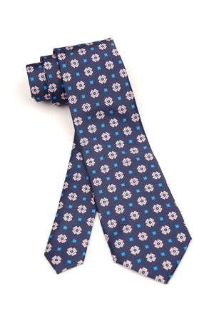 Cravată bleumarin cu model geometric roz și albastru