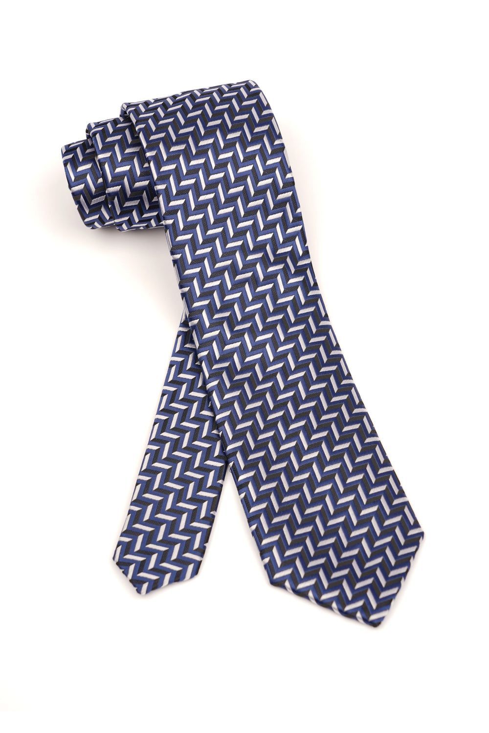 Cravată navy din mătase cu model geometric alb-gri