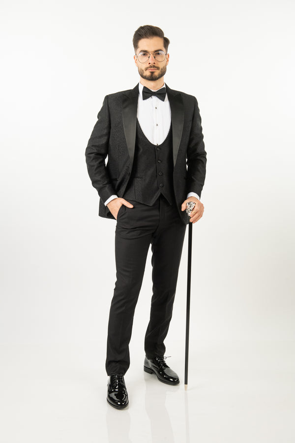 Costum Ceremonie - 3 Piese Negru Brocart
