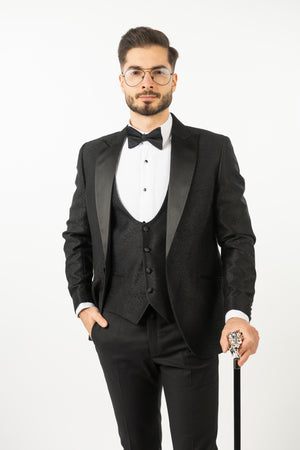 Costum Ceremonie - 3 Piese Negru Brocart
