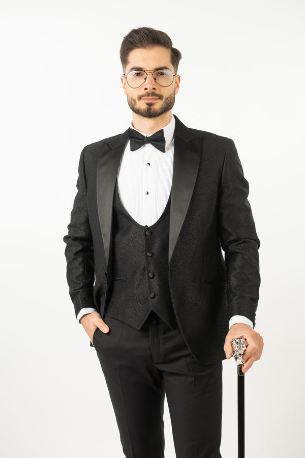 Costum Ceremonie - 3 Piese Negru Brocart