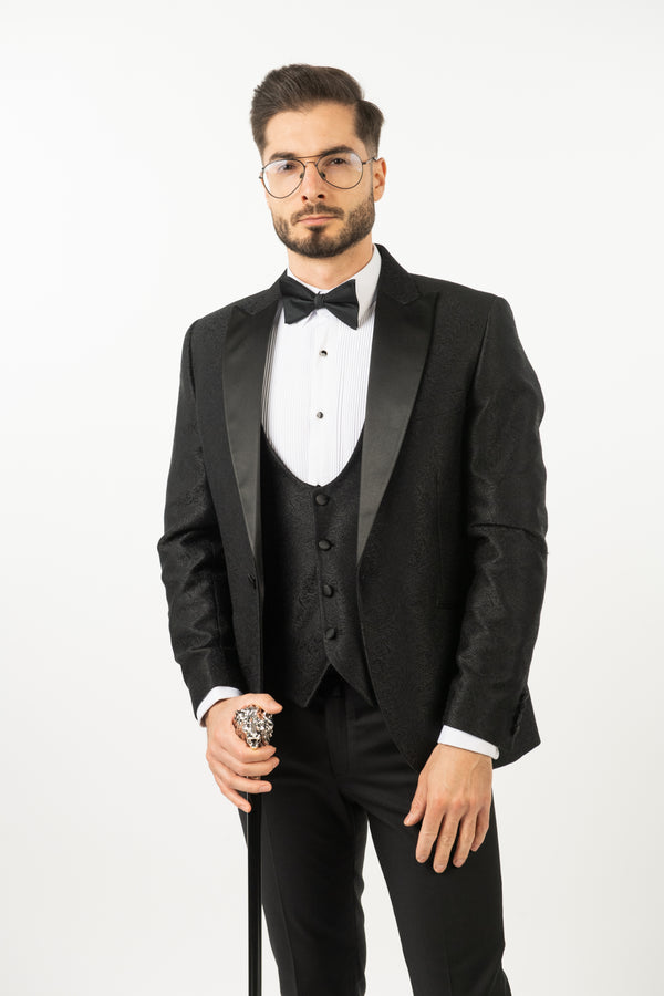 Costum Ceremonie - 3 Piese Negru Brocart