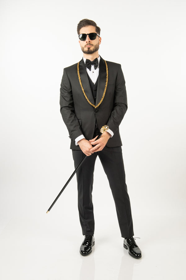 Costum Ceremonie - Negru cu Rever Personalizat Auriu