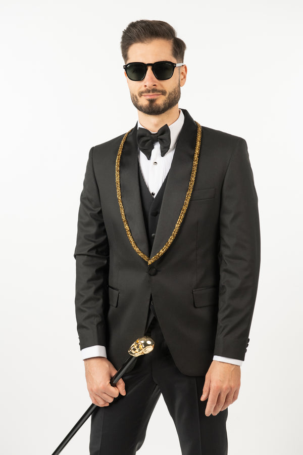 Costum Ceremonie - Negru cu Rever Personalizat Auriu