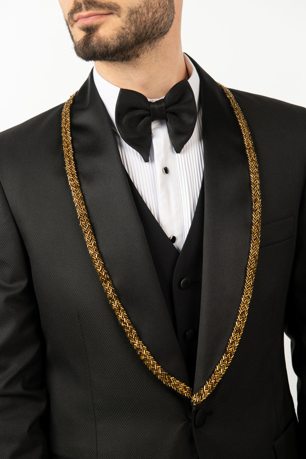Costum Ceremonie - Negru cu Rever Personalizat Auriu