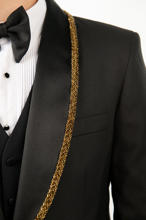 Costum Ceremonie - Negru cu Rever Personalizat Auriu