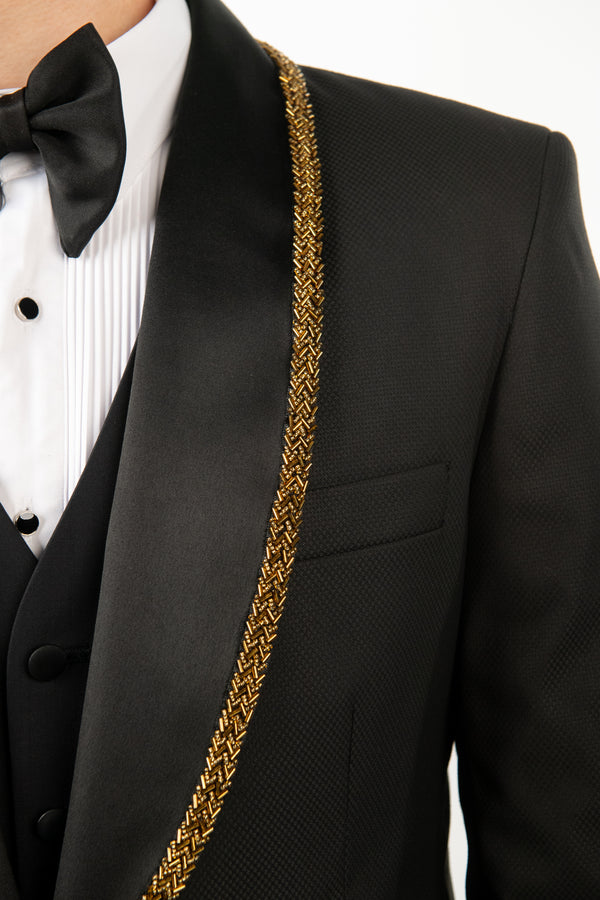 Costum Ceremonie - Negru cu Rever Personalizat Auriu