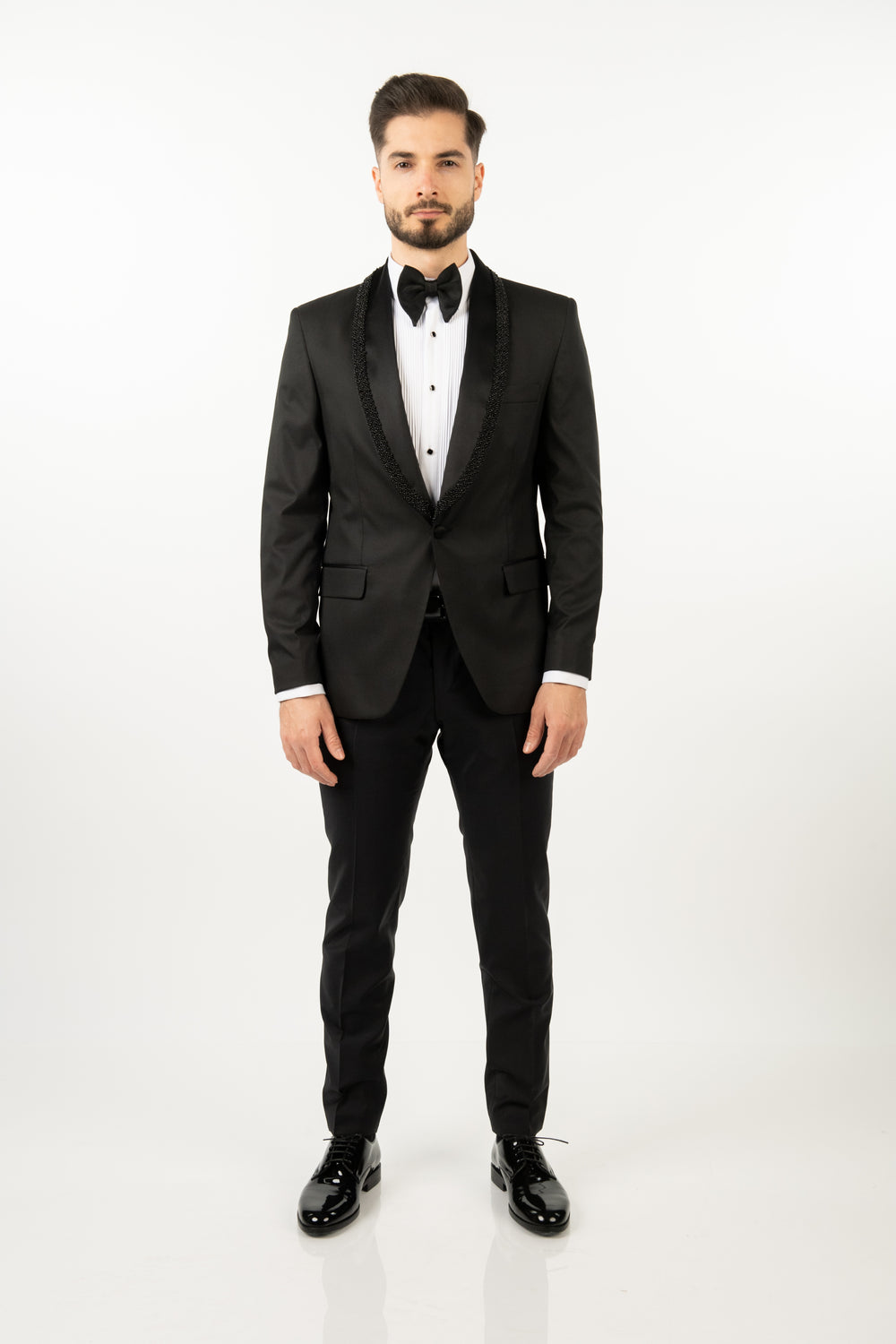 Costum Ceremonie - Negru Texturat cu Rever Personalizat
