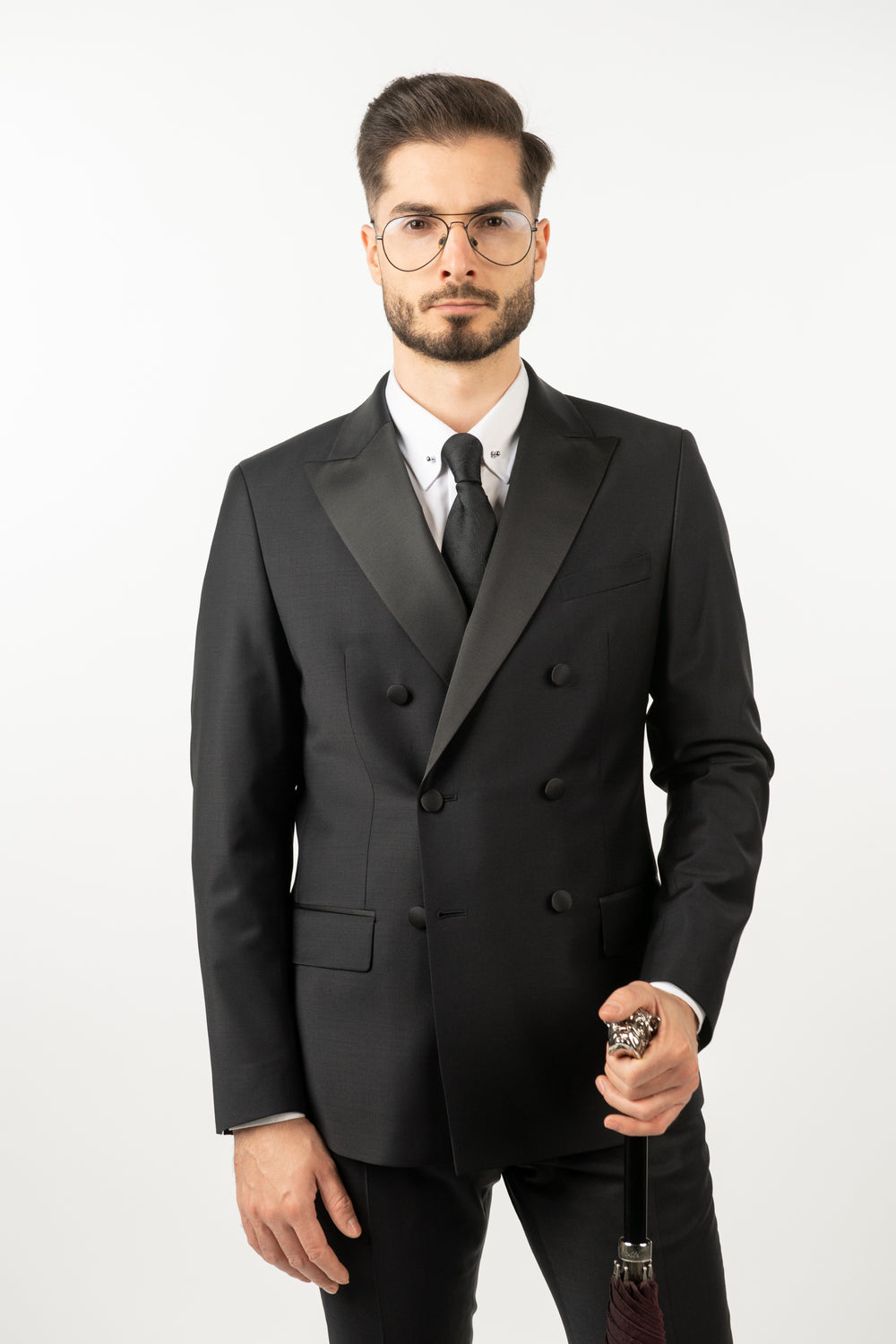 Costum Bărbați Negru de Ceremonie la Două Rânduri de Nasturi